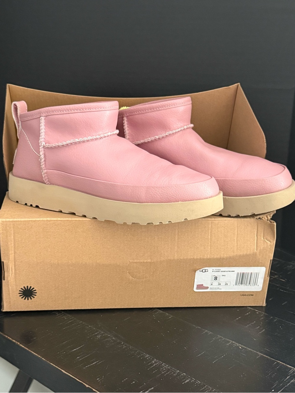 UGG Pink Leather Ankle Booties with Cream Sole